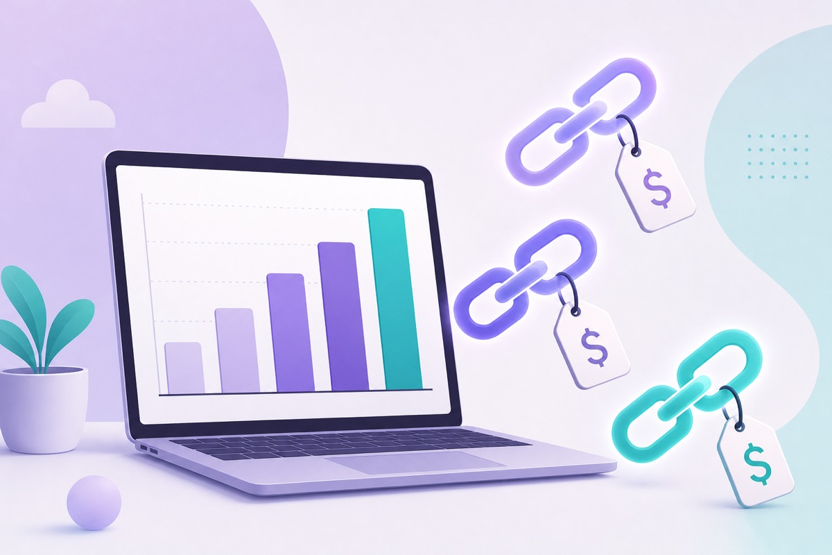 laptop with a bar chart next to link icons with price tags, illustrating SaaS link building costs